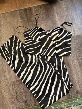 Zebra-Print Satin Crop Top & Wide-Leg Pants Set - Black/White